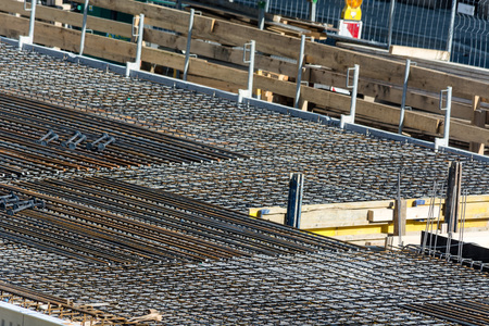 Foundation building of steel and concrete for the construction of an apartment building with...