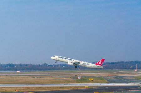 DUESSELDORF, NRW, GERMANY - MARCH 18, 2015: Airbus A321 of Turkish Airlines at startup on the Duesseldorf airport.のeditorial素材