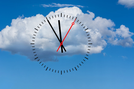 Clock, digits with a minute hand and a red second hand indicates the time 5 before 12. Copy space in...