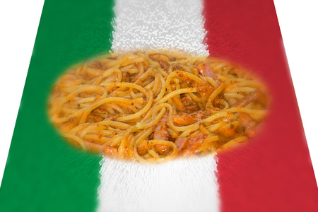 Spaghetti Bolognese, background soft-drawn the Italian national colors.の写真素材