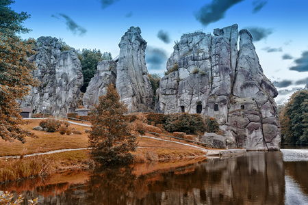 The Externsteine, striking sandstone rock formation in the Teutoburg Forest, Germany, North Rhine Westphaliaの写真素材
