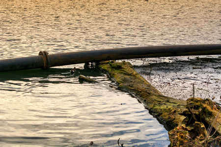 Pipeline, plastic pipes float on the water surface.の写真素材