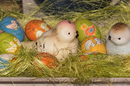 Easter, cute geese and eggs. Funny decoration.