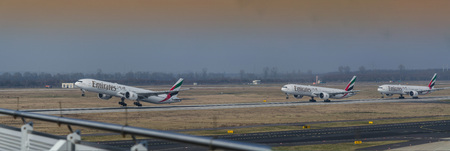 Duesseldorf, Nrw, Germany - March 18, 2015: Start End type aircraft Boeing 777-300 on the runway of the airport in Duesseldorf.のeditorial素材