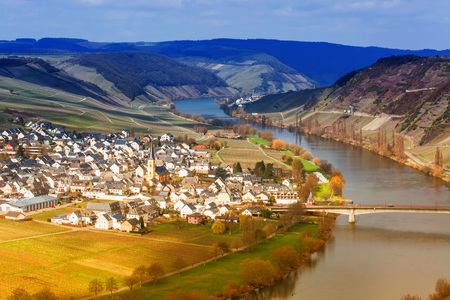 MOSELTAL, GERMANY - MARCH 26, 2016: Panoramic view over the Moselle valley in the background of the vineyards and the river Moselle.のeditorial素材