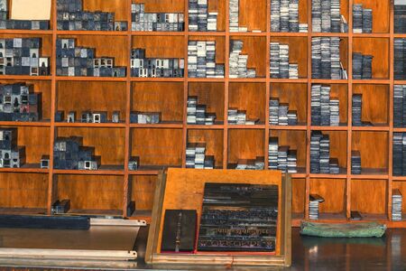 View of a historical printing plant with lettering, typing service for relief printing technology.の写真素材