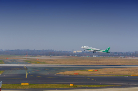 DUSSELDORF, NRW, GERMANY - MARCH 18, 2015: Airbus A321 of Irak Airlines at startup on the Dusseldorf airport.のeditorial素材