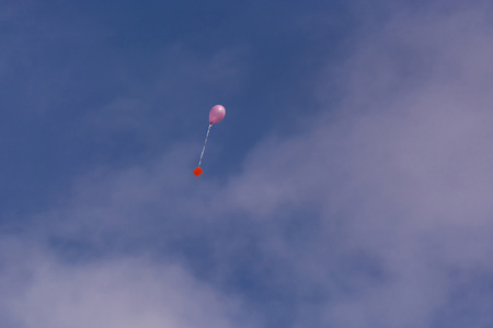 Pink balloon with ribbon and greeting card in front of blue skyの写真素材