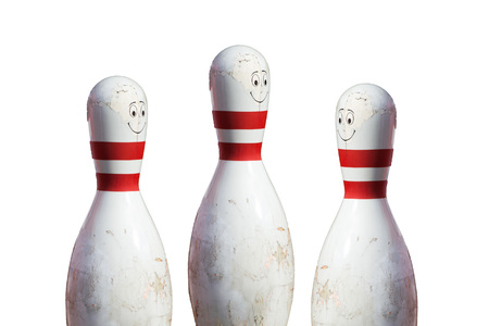Bowling cone with white and red stripes in front of white backgroundの写真素材