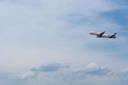 DUSSELDORF, NRW, GERMANY - JUNE 18, 2019: Eurowing plane takes off from Dusseldorf International Airportのeditorial素材