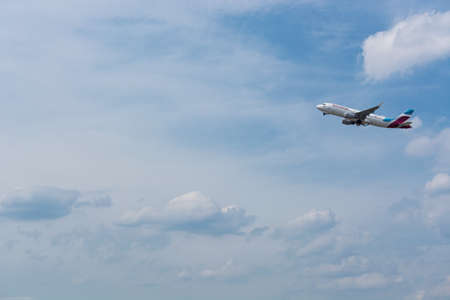 DUSSELDORF, NRW, GERMANY - JUNE 18, 2019: Eurowing plane takes off from Dusseldorf International...