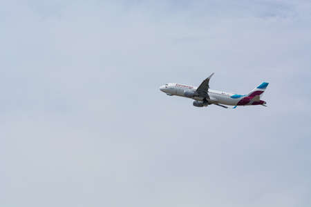 DUSSELDORF, NRW, GERMANY - JUNE 18, 2019: Eurowing plane takes off from Dusseldorf International Airportのeditorial素材