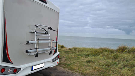 travel vacation. Caravan with bike racks on the back. Equipment luggage rack.の写真素材