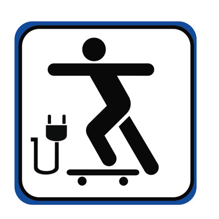 E-Skateboarder sign on white background with blue outlineの写真素材
