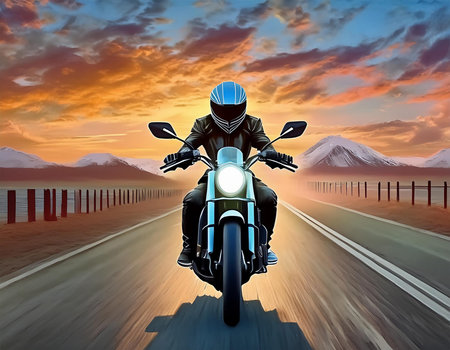 Riding a motorcycle on the street. Have fun driving along empty roads on a motorcycle tour. Copyspace for your individual text.の写真素材