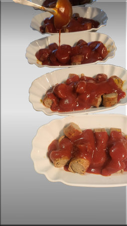 An appetizing row of plates with freshly prepared currywurst is poured over with a generous portion of currywurst sauce.の写真素材