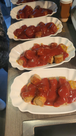 An appetizing row of plates with freshly prepared sausage is poured over with a generous portion of curry sauce.の写真素材