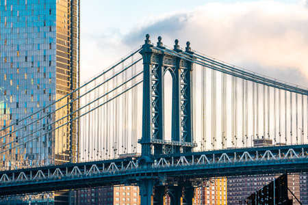 The view of Manhattan skyline and Brookyn bridge from Brooklyn side after sunrise , New york city , United States of Americaのeditorial素材