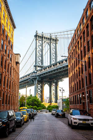 Photography spots in Dumbo with a view of Manhattan bridge , New york city , United States of America - September 2 , 2018のeditorial素材
