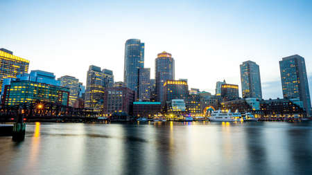 Nice view of Boston skyline from harbour at Fan pier park in Boston , Massachusetts , United States of America - September 4 , 2018のeditorial素材