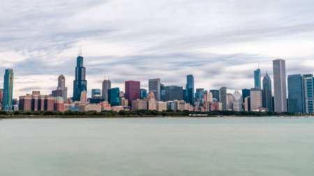 Panoramic view of Chicago skyline near Adler Planearium during sunset , Chicago , Illinois , United States of America - September 8 , 2018のeditorial素材