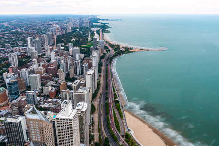Panoramic view of Chicago downtown and the lake from Hancock tower observation desk in Chicago , Illinois , United States of America - September 9 , 2018のeditorial素材