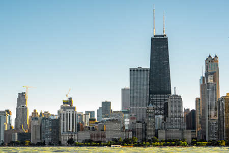 Panoramic view of Chicago waterfront during sunset times from North avenue beach in Chicago ,...