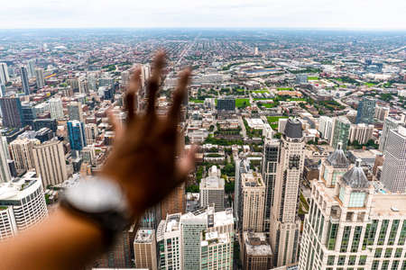 Panoramic view of Chicago downtown and the lake from Hancock tower observation desk in Chicago , Illinois , United States of America - September 9 , 2018のeditorial素材