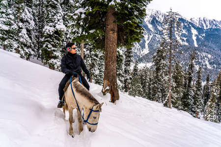 Horse riding and the snow mountain landscape in Sonamarg during the winter  , Sonamarg , Kashmir , Indiaのeditorial素材