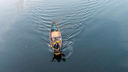 The boats in Dal lake near the center of Srinagar during winter  , Srinagar , Kashmir , Indiaのeditorial素材