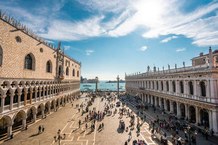 View of Piazza San Marco and St.mark basilica. The main square and landmarks in Venice at noon...
