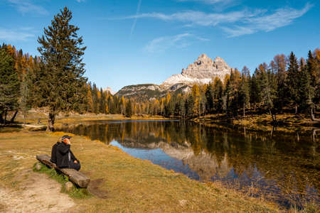 Nice view around Lago Antorno or lake Antorno before noon . One of the most beautiful scenic lake in Dolomites  during Autumn seasonのeditorial素材