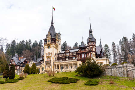 Peles castle and Pelisor castle late morning during spring season . One of the most beautiful classical Art Nouveau castle in Sinaiaのeditorial素材