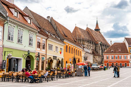 Brasov Republicii street and Council square in the evening during spring season . The most important street and square in the heart of Brasovのeditorial素材