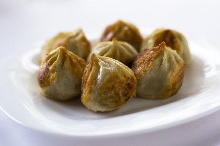 fried khinkali with a crust on a plate close-up