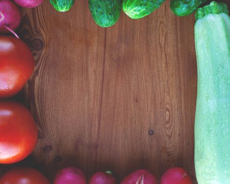 frame for recipes  from of fresh vegetables on wooden background top view flat lay  close-upの写真素材