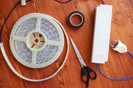 Kit for mounting LED strip top view,flat lay close -up