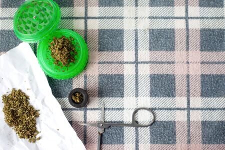 cannabis, weed from stress on a background squared texture .  copy space close-upの写真素材