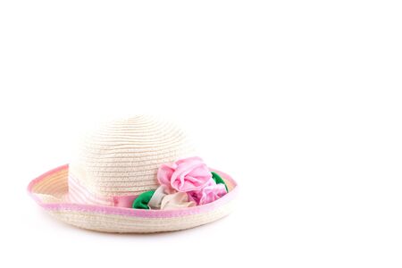 female headdress, tender beauty hat with pink rose isolated close-upの写真素材
