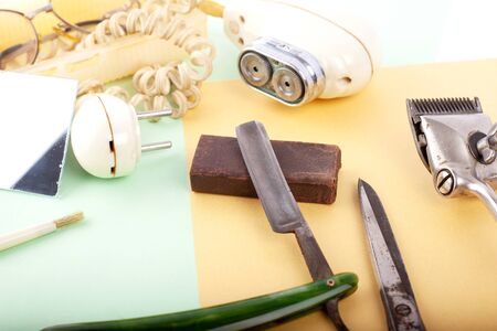retro vintage shaving kit on beauty background close-upの写真素材