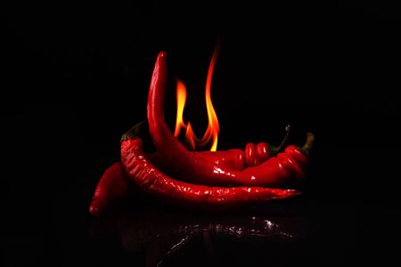 burning red  hot chili peppers on a black background closeupの写真素材