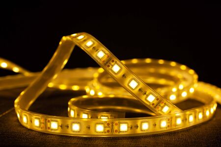LED strip for illuminating the warm spectrum, decorative LED light close up.の写真素材