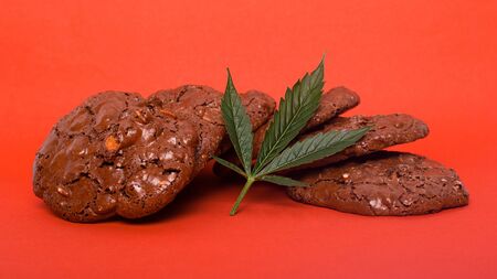 sweets with marijuana on red background. cannabis cookies and green leaf closeup.