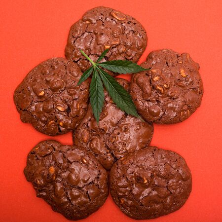 cookies with cannabis on an orange background. marijuana sweets and green leaf.