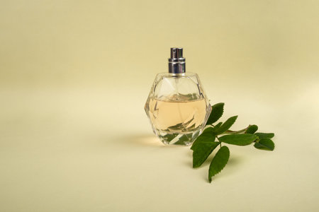 perfume bottle with a sprig of rose on yellow background, beauty skin care.の写真素材