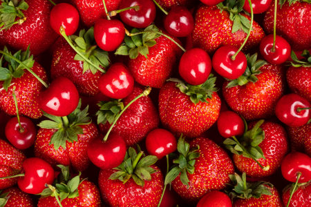 fresh background, freshly picked strawberries and cherries, background with seasonal berries and fruits.の写真素材