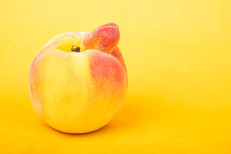peach sexy fruit of an unusual shape with copy space on yellow backgroundの写真素材