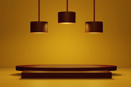 yellow stage podium for advertising and and 3 lamps in room, empty display scene 3d render.の写真素材
