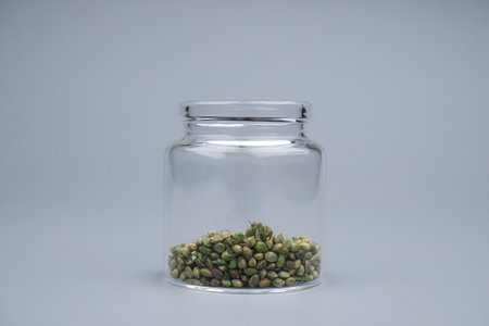 filling a glass container with cannabis seeds, cannabis breeding grow hemp seeds.の写真素材