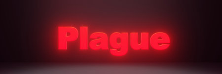 Plague sign red neon lighting text 3d render, lettering web banner.の写真素材